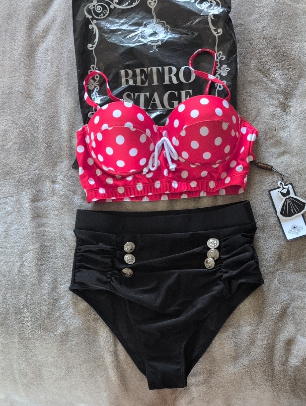 Retro Stage Red Polka Dot Bikini Top with Black High-Waist Bottom 1950s Inspired